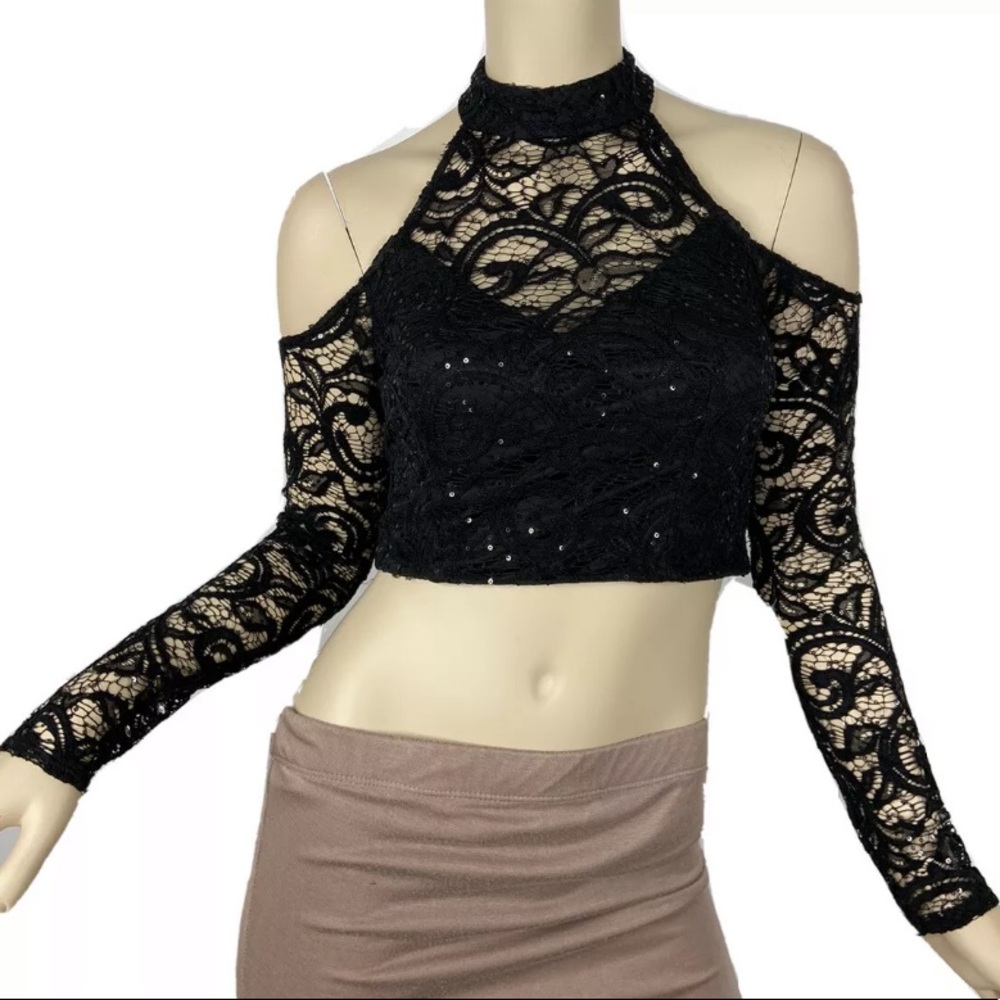 B. Darlin Crop Top Cold Shoulder Black Sequin Lace
